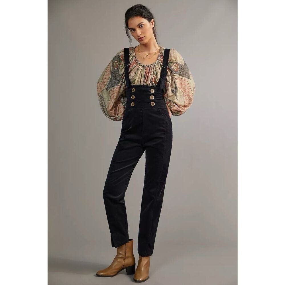 Anthropologie Buttoned Pinafore Corduroy Jumpsuit Size 14 Black 99% Cotton